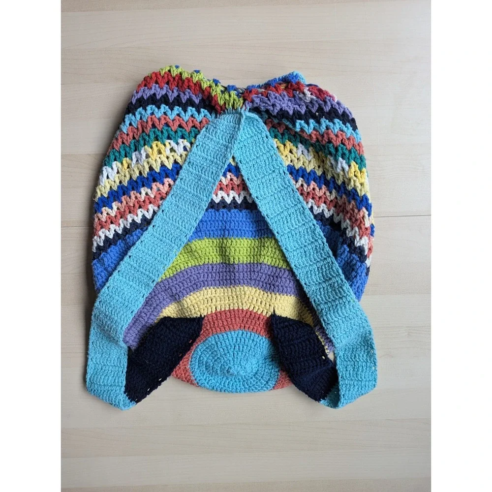 Handmade Multicolor Star Charm Striped‎ Crochet Hobo Backpack Cotton Dopamine